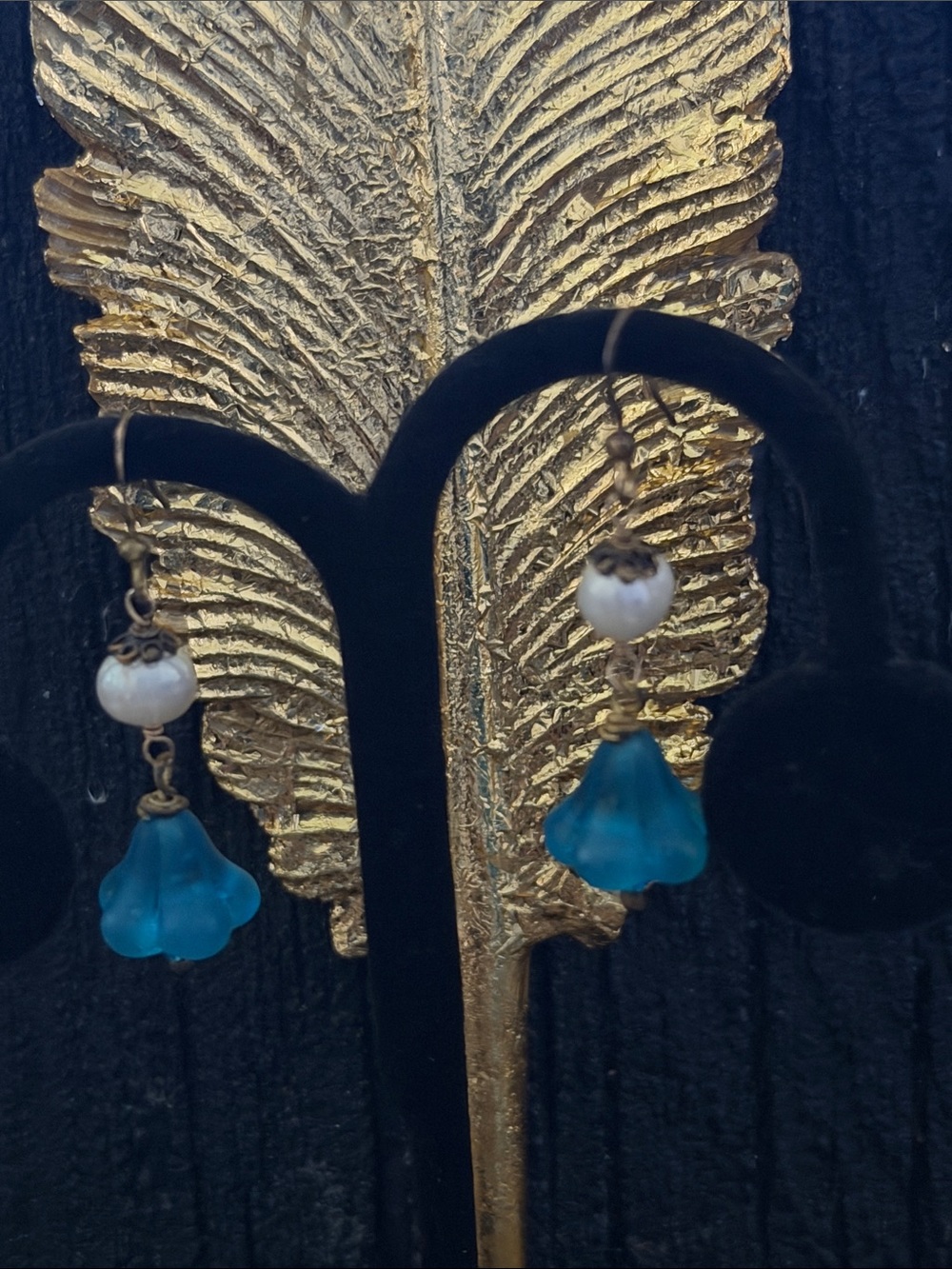 Pierced earrings sterling silver wire German glass blue  flowers crystal center